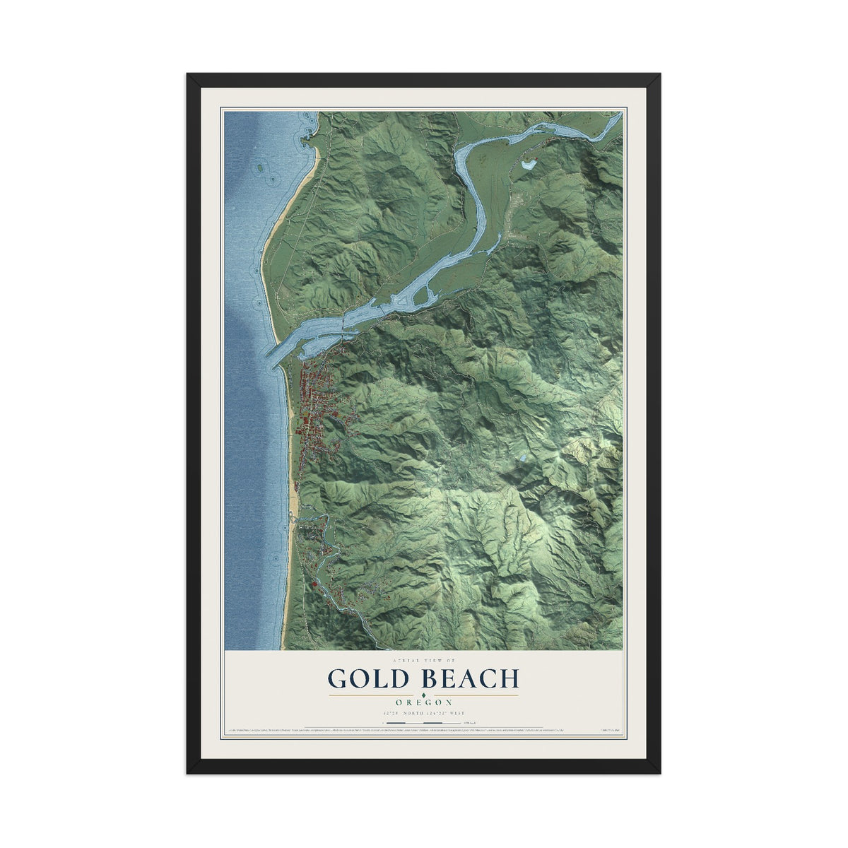 Map of Gold Beach, Oregon, 12 x 18 inch print in a black wood frame