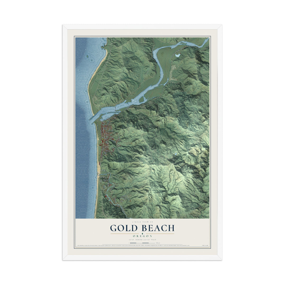 Map of Gold Beach, Oregon, 12 x 18 inch print in a white wood frame