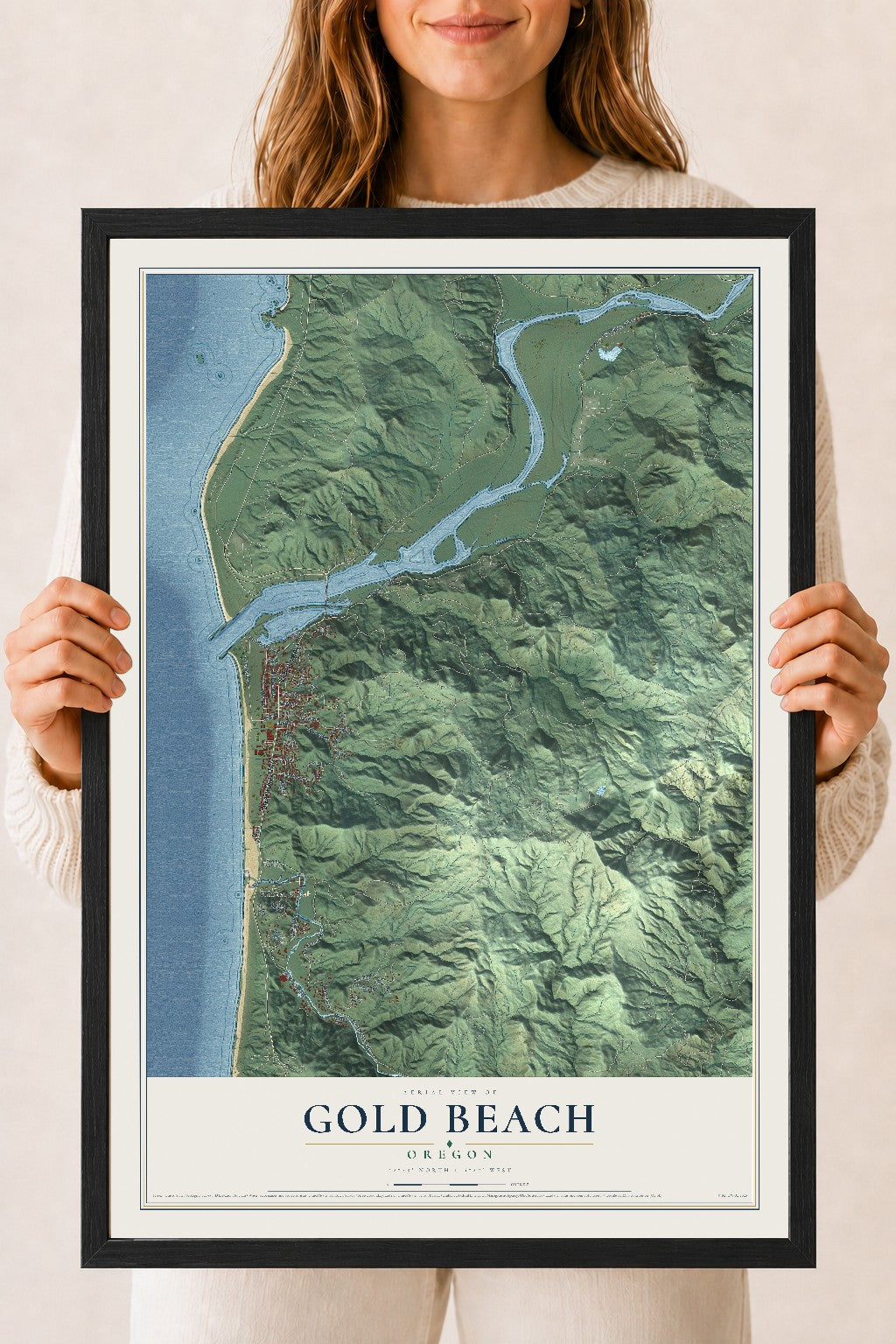 Map of Gold Beach, Oregon, 18 x 24 inch print in a black wood frame
