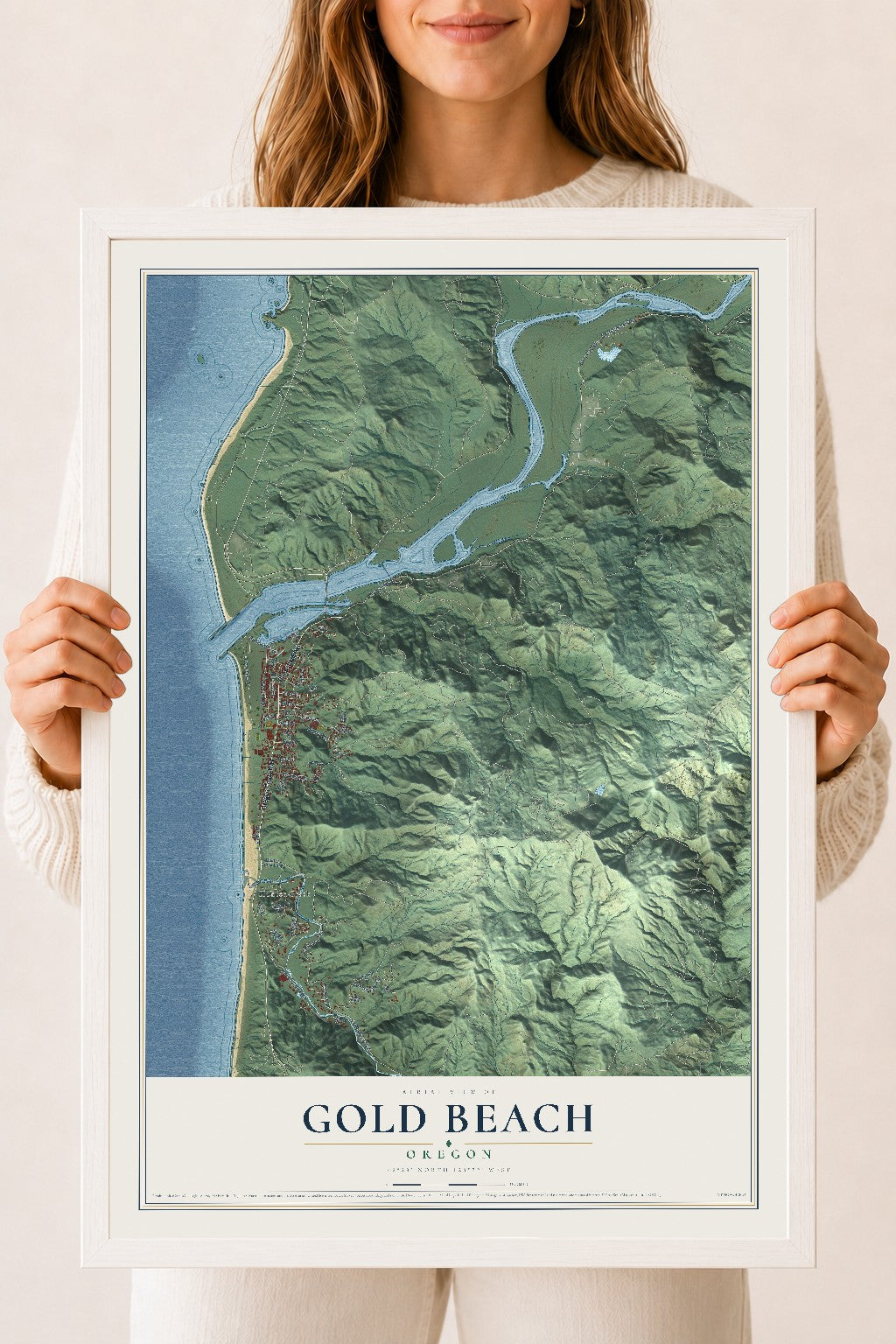Map of Gold Beach, Oregon, 18 x 24 inch print in a white wood frame