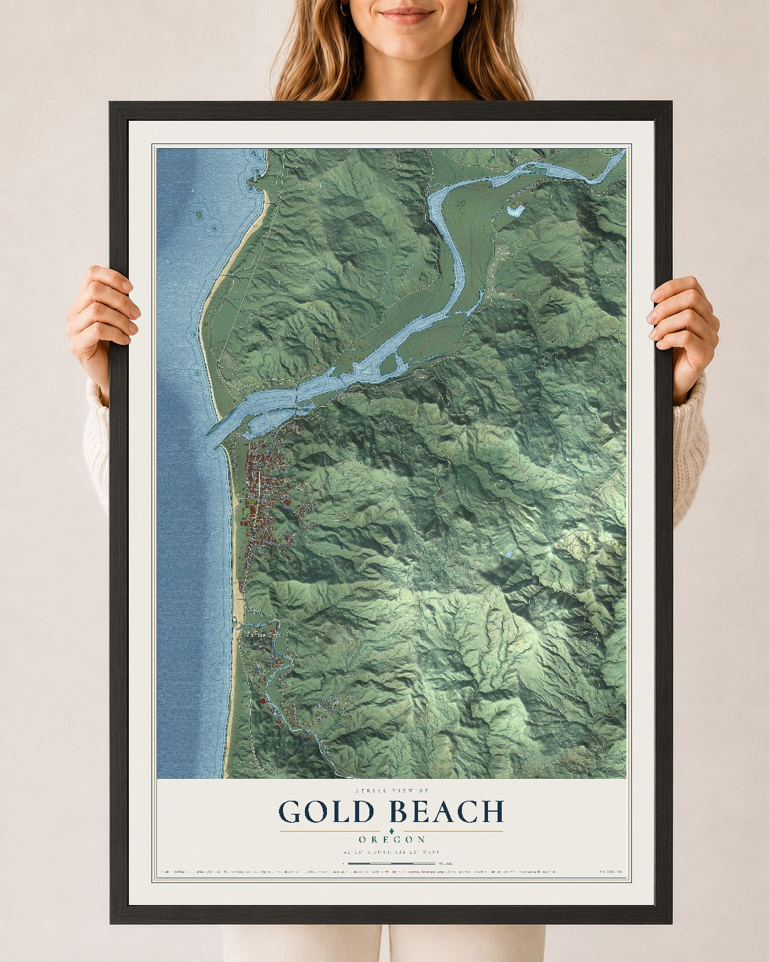 Map of Gold Beach, Oregon, 24 x 36 inch print in a black wood frame
