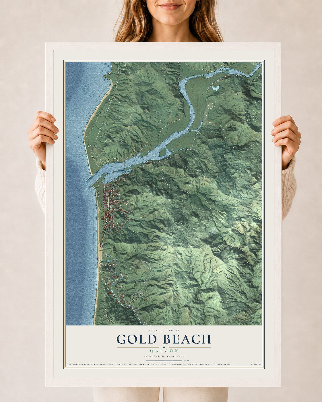 Map of Gold Beach, Oregon, 24 x 36 inch print in a white wood frame