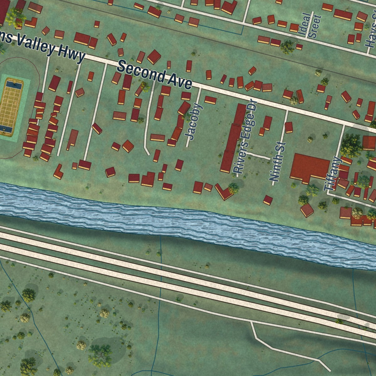 Close-up of the map of Gold Hill, Oregon print showing street and building detail