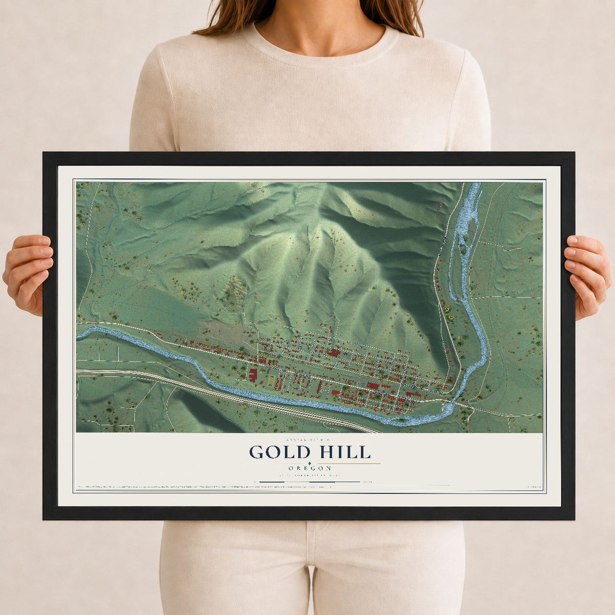 Map of Gold Hill, Oregon, 12 x 18 inch print in a black wood frame
