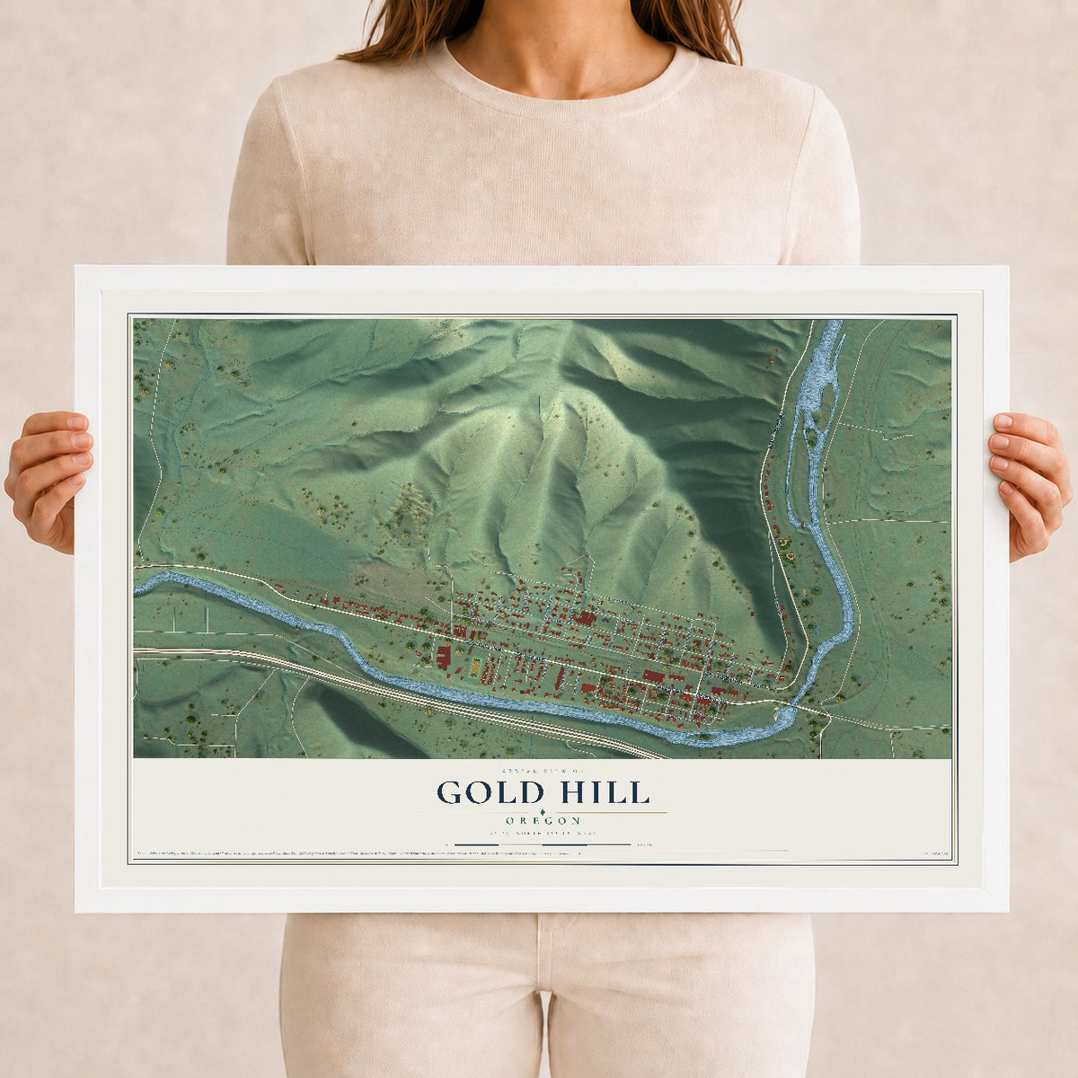 Map of Gold Hill, Oregon, 12 x 18 inch print in a white wood frame