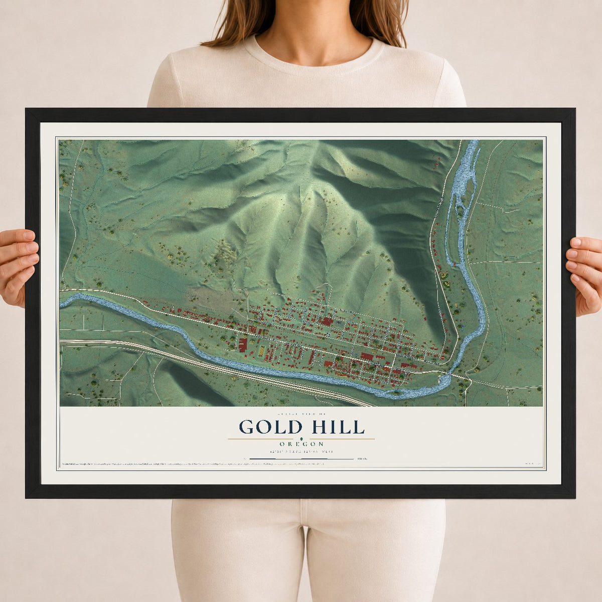 Map of Gold Hill, Oregon, 18 x 24 inch print in a black wood frame