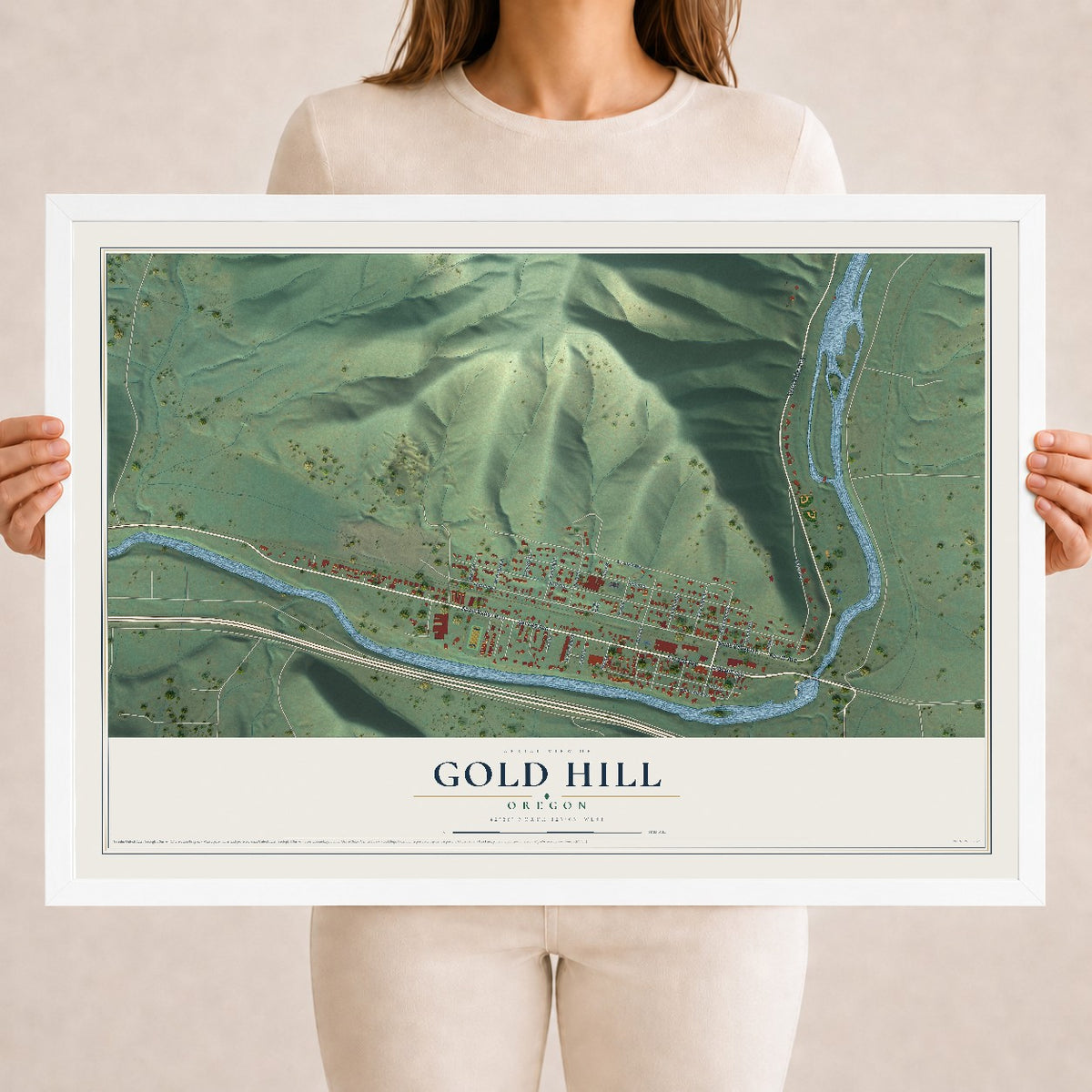 Map of Gold Hill, Oregon, 18 x 24 inch print in a white wood frame