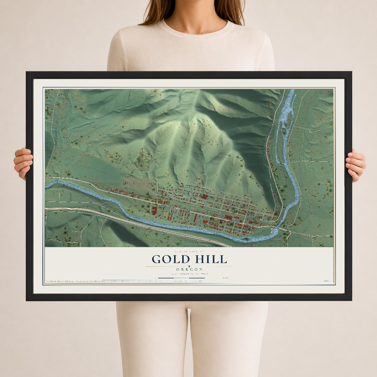 Map of Gold Hill, Oregon, 24 x 36 inch print in a black wood frame