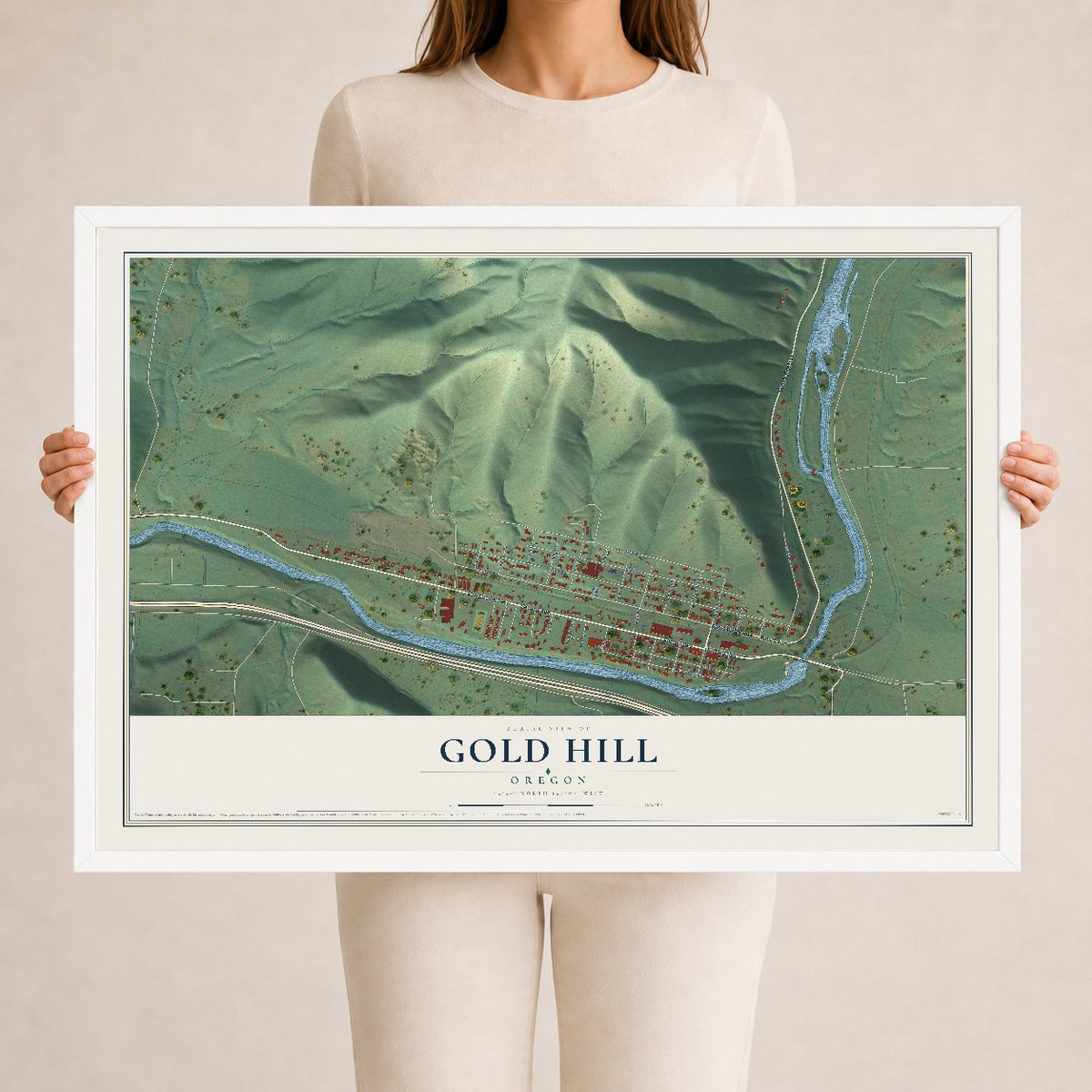 Map of Gold Hill, Oregon, 24 x 36 inch print in a white wood frame