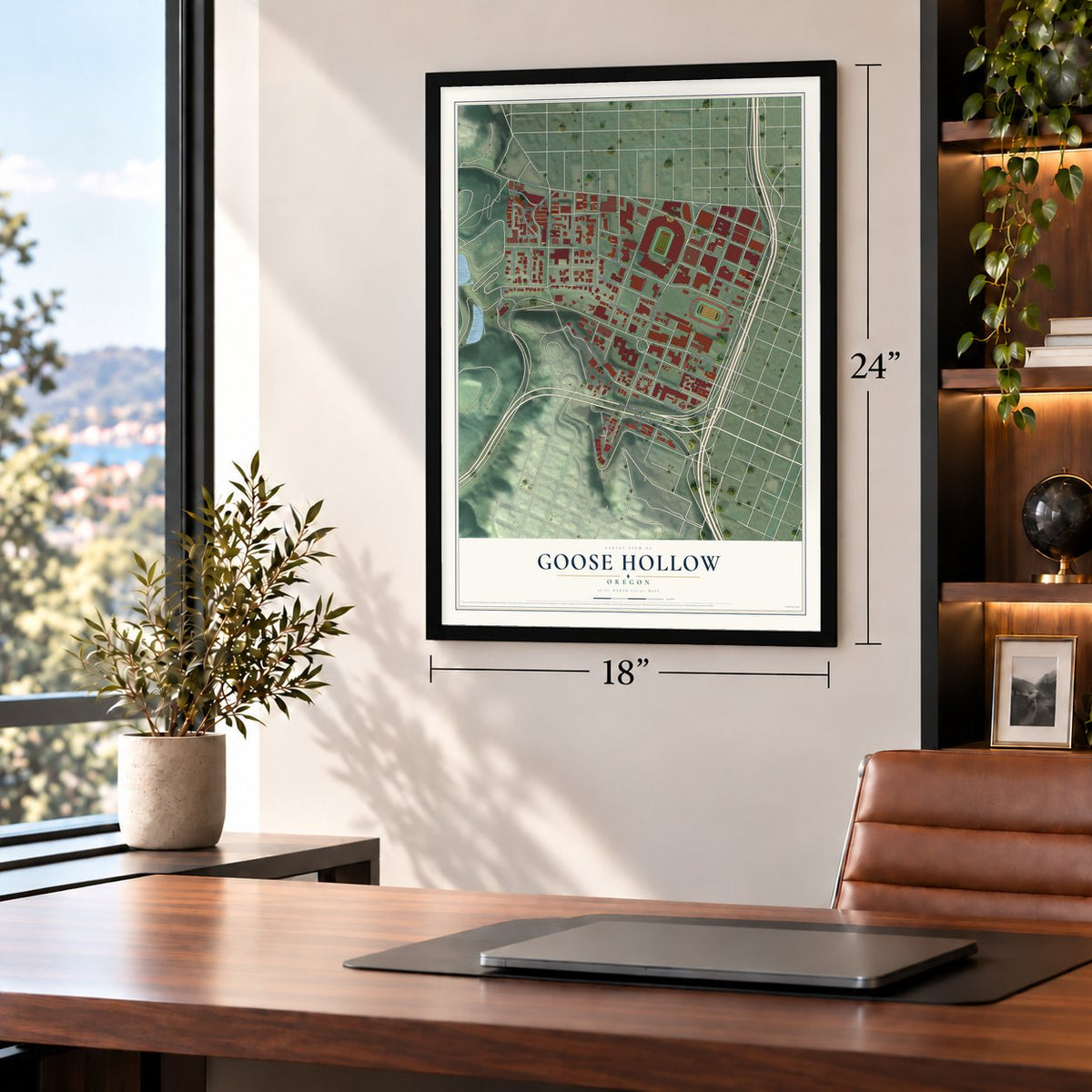 Goose Hollow, Oregon map, 18 x 24 inch print in a black frame in a home office