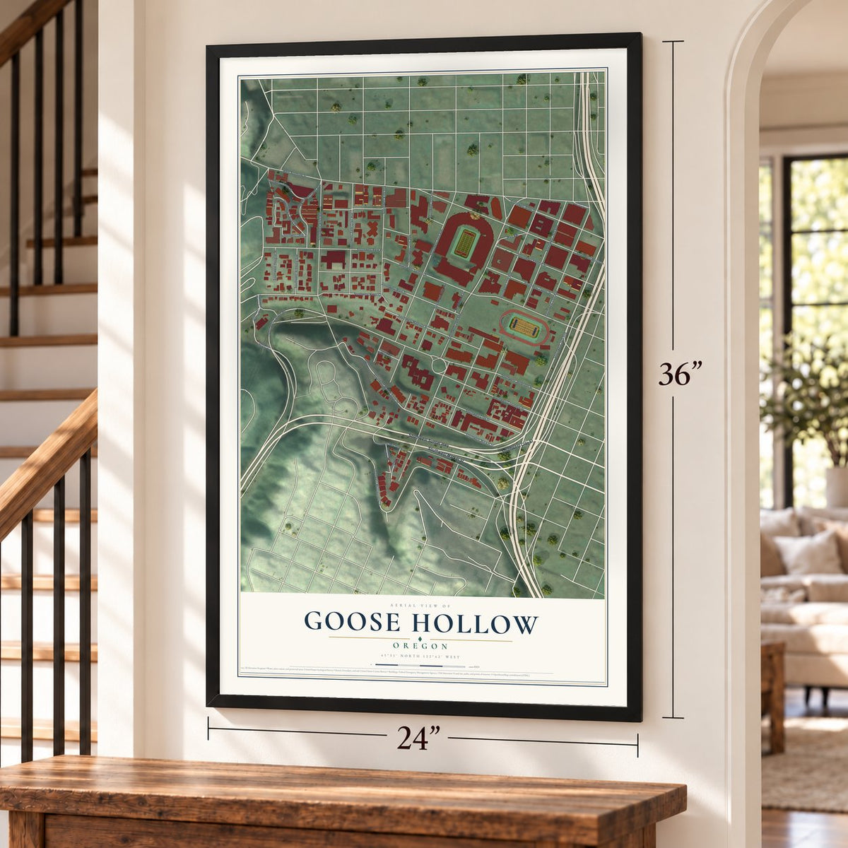 Goose Hollow, Oregon map, 24 x 36 inch print in a black frame by a staircase
