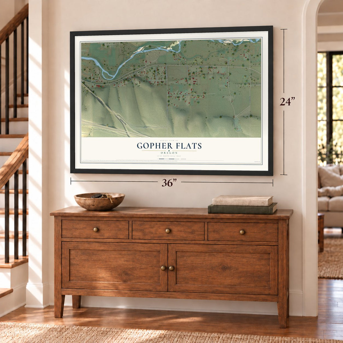 Gopher Flats, Oregon map, 24 x 36 inch print in a black frame above a dresser by a staircase
