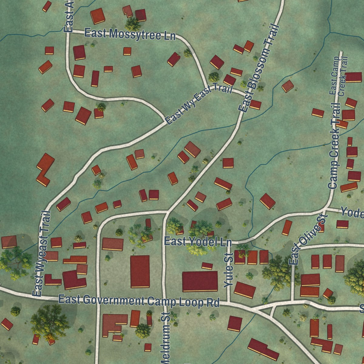 Close-up of the map of Government Camp, Oregon print showing street and building detail