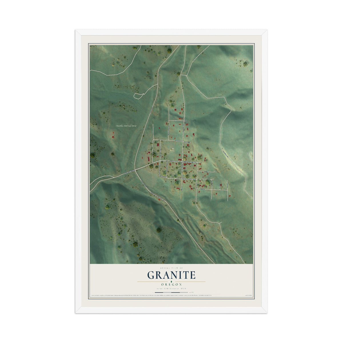 Map of Granite, Oregon, 12 x 18 inch print in a white wood frame