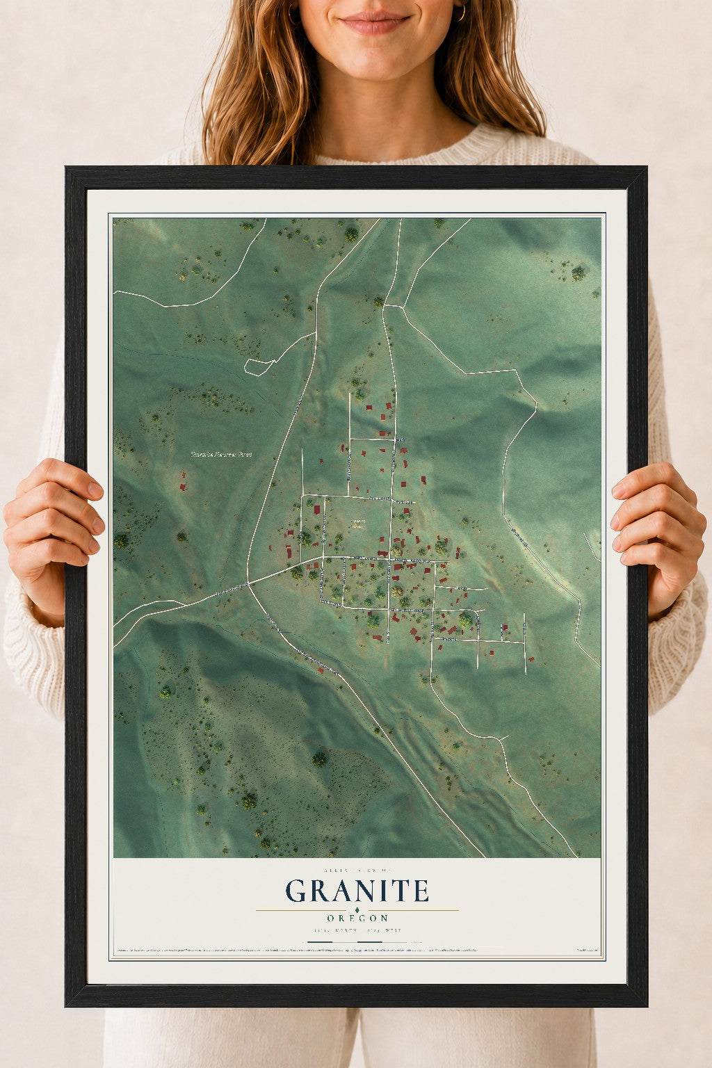 Map of Granite, Oregon, 18 x 24 inch print in a black wood frame