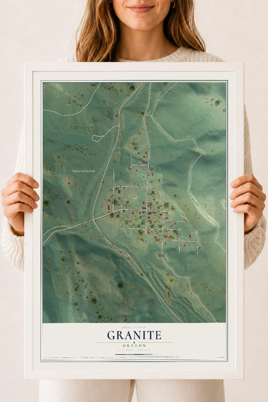 Map of Granite, Oregon, 18 x 24 inch print in a white wood frame