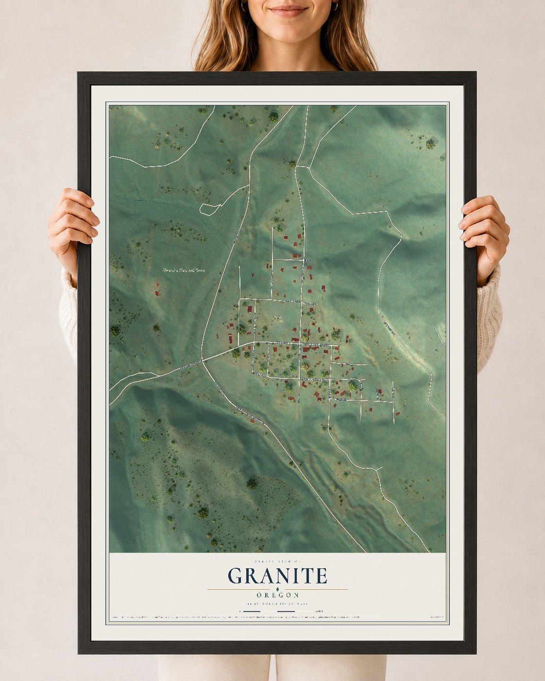 Map of Granite, Oregon, 24 x 36 inch print in a black wood frame