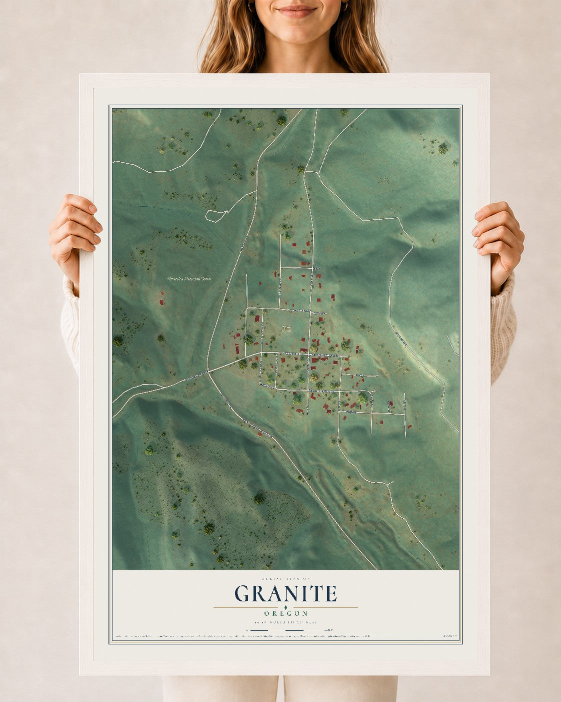 Map of Granite, Oregon, 24 x 36 inch print in a white wood frame