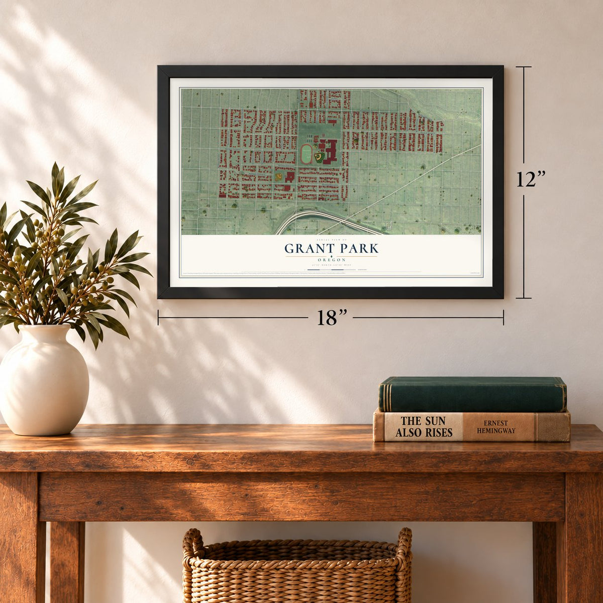 Grant Park, Oregon map, 12 x 18 inch print in a black frame in an entryway