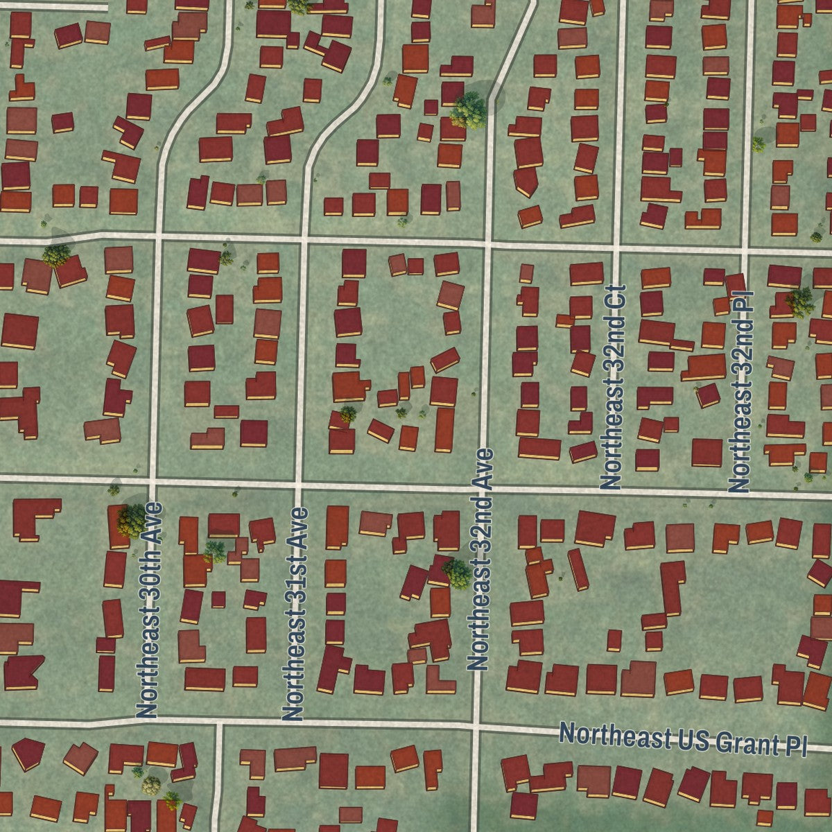 Close-up of the map of Grant Park, Oregon print showing street and building detail