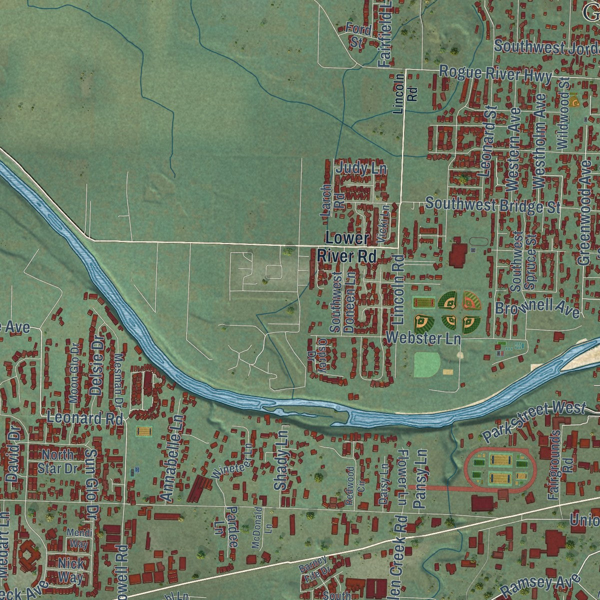 Second close-up of the map of Grants Pass, Oregon print showing more streets and buildings