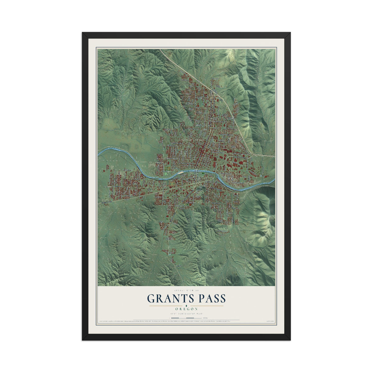 Map of Grants Pass, Oregon, 12 x 18 inch print in a black wood frame