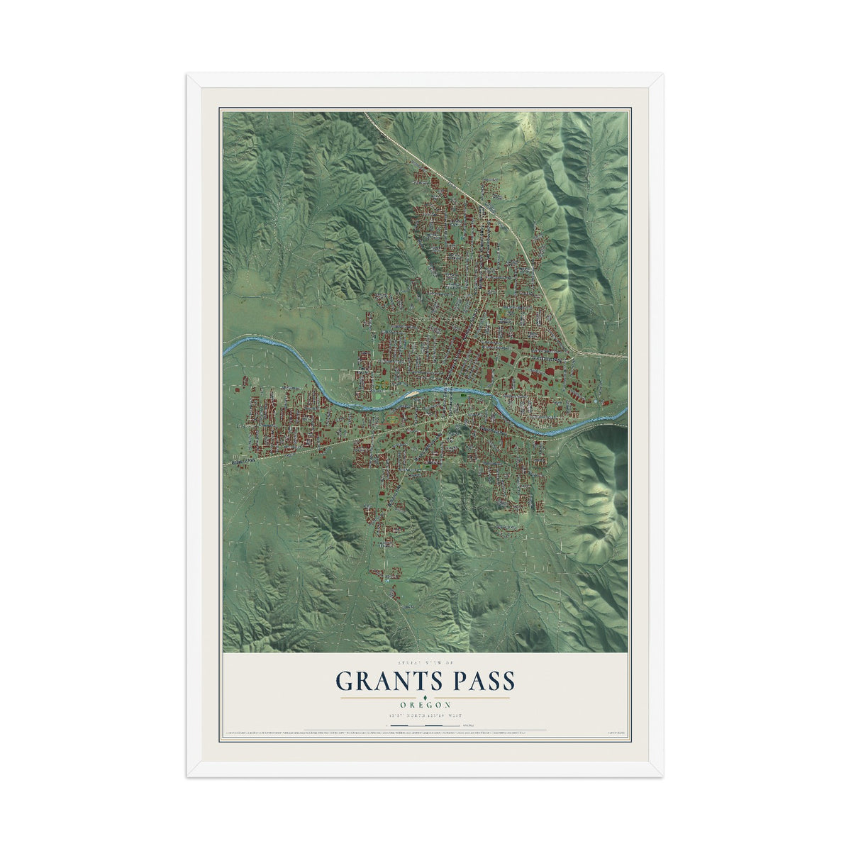 Map of Grants Pass, Oregon, 12 x 18 inch print in a white wood frame