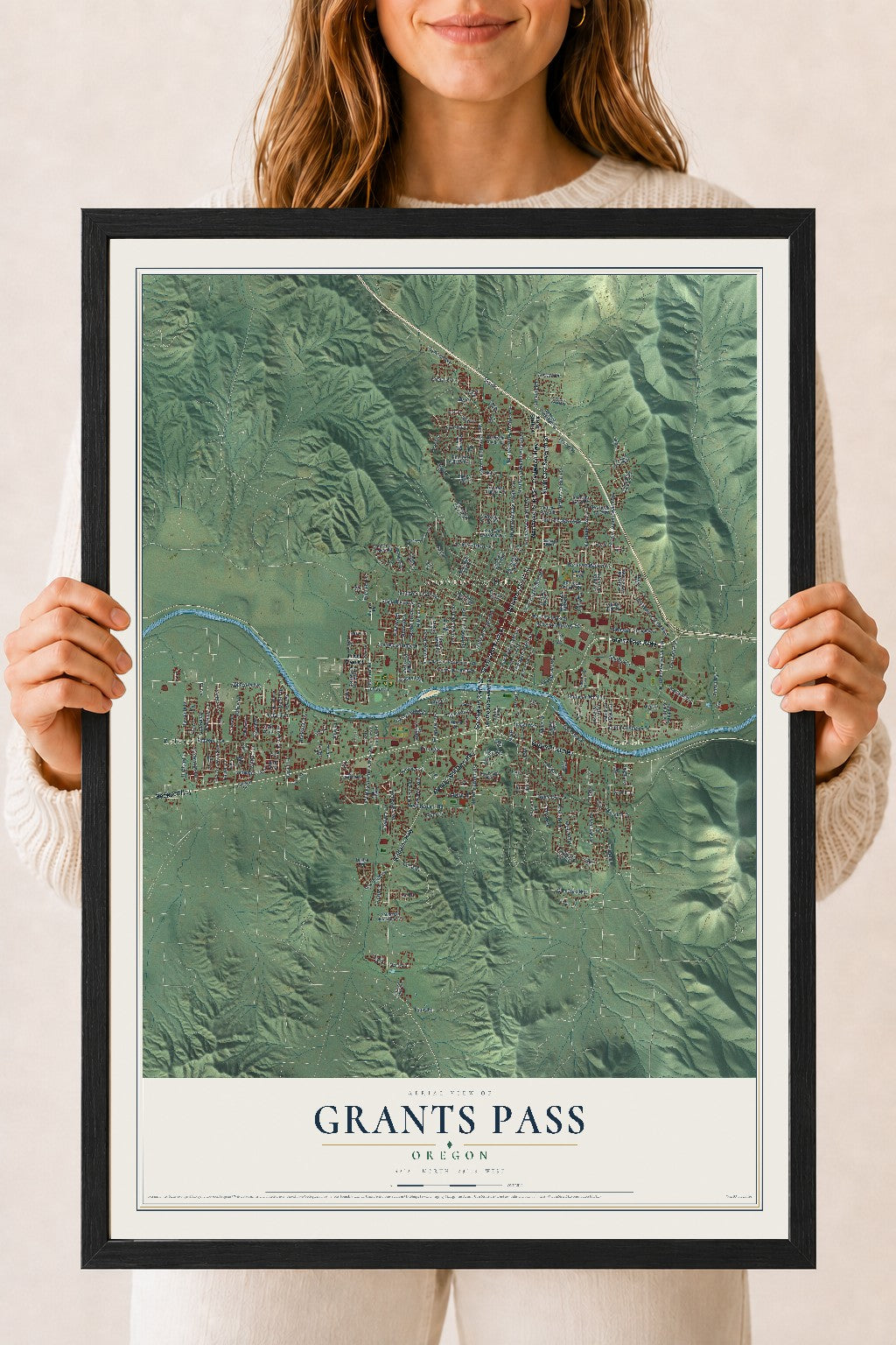 Map of Grants Pass, Oregon, 18 x 24 inch print in a black wood frame
