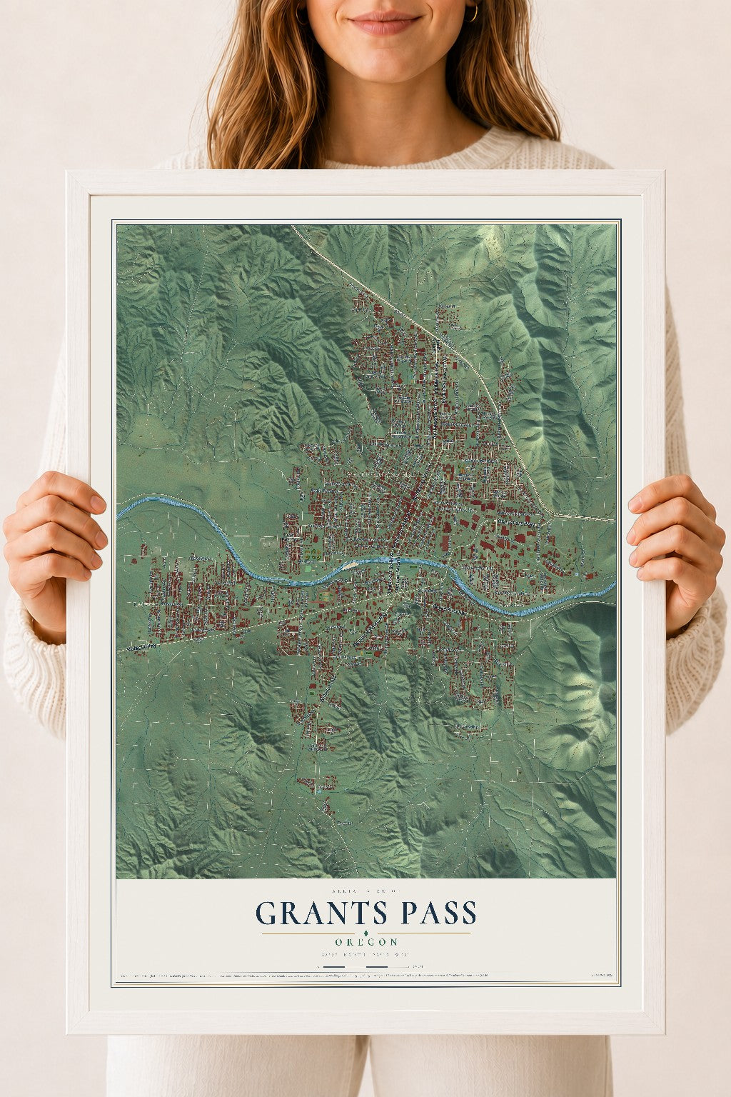Map of Grants Pass, Oregon, 18 x 24 inch print in a white wood frame