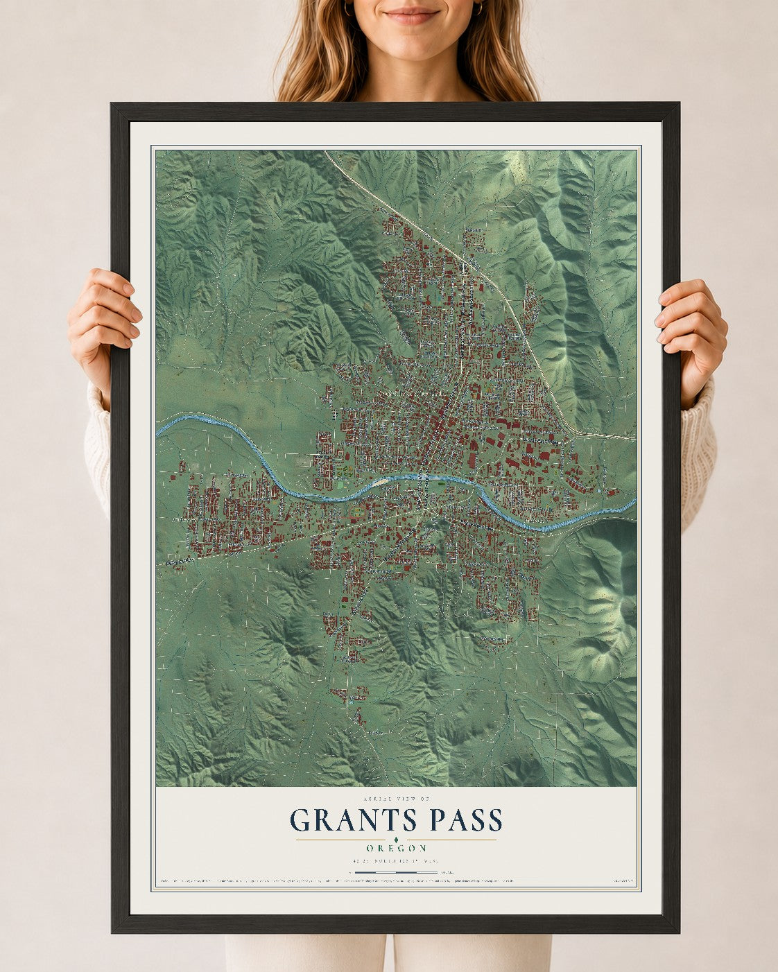 Map of Grants Pass, Oregon, 24 x 36 inch print in a black wood frame