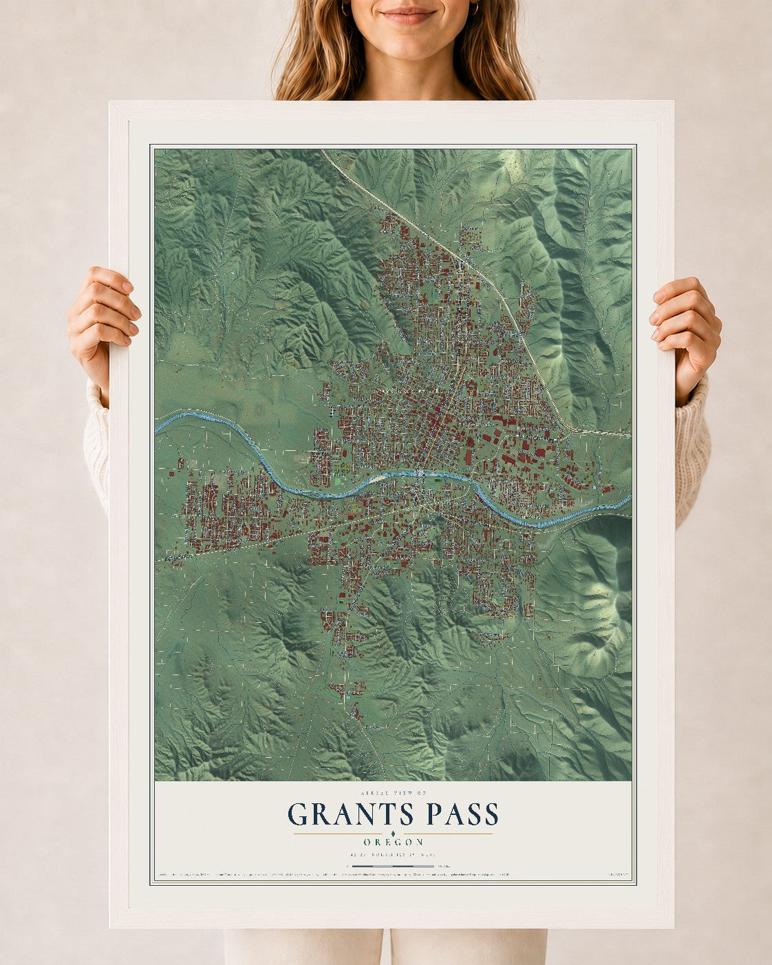 Map of Grants Pass, Oregon, 24 x 36 inch print in a white wood frame
