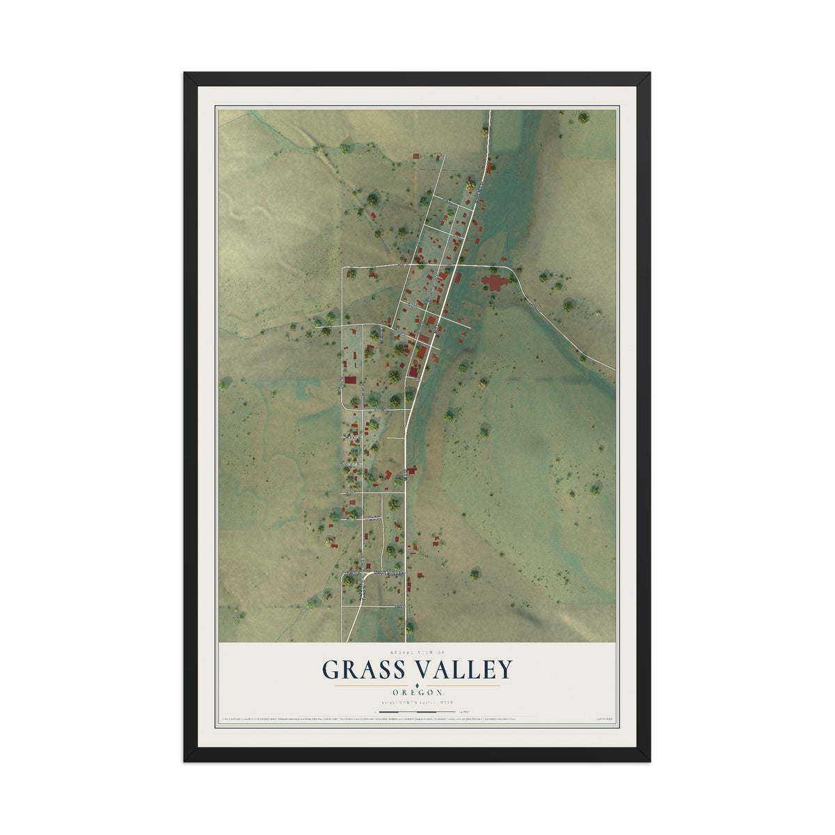 Map of Grass Valley, Oregon, 12 x 18 inch print in a black wood frame