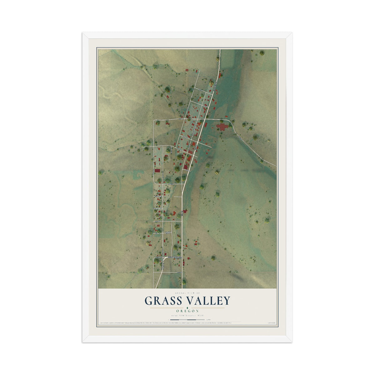 Map of Grass Valley, Oregon, 12 x 18 inch print in a white wood frame