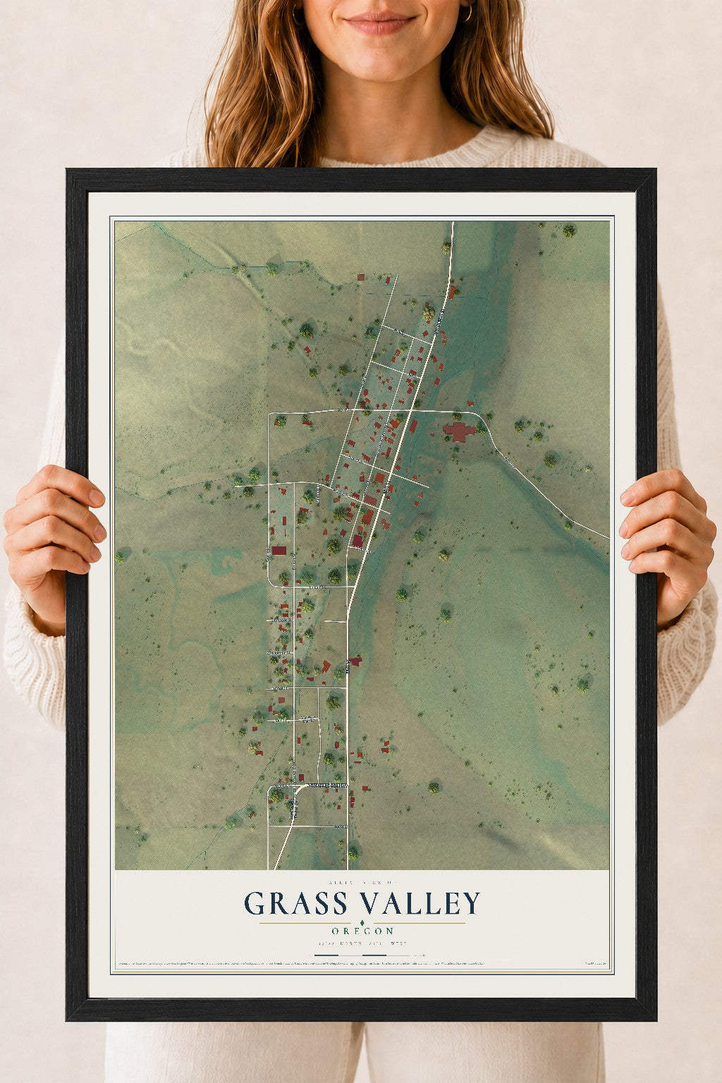 Map of Grass Valley, Oregon, 18 x 24 inch print in a black wood frame