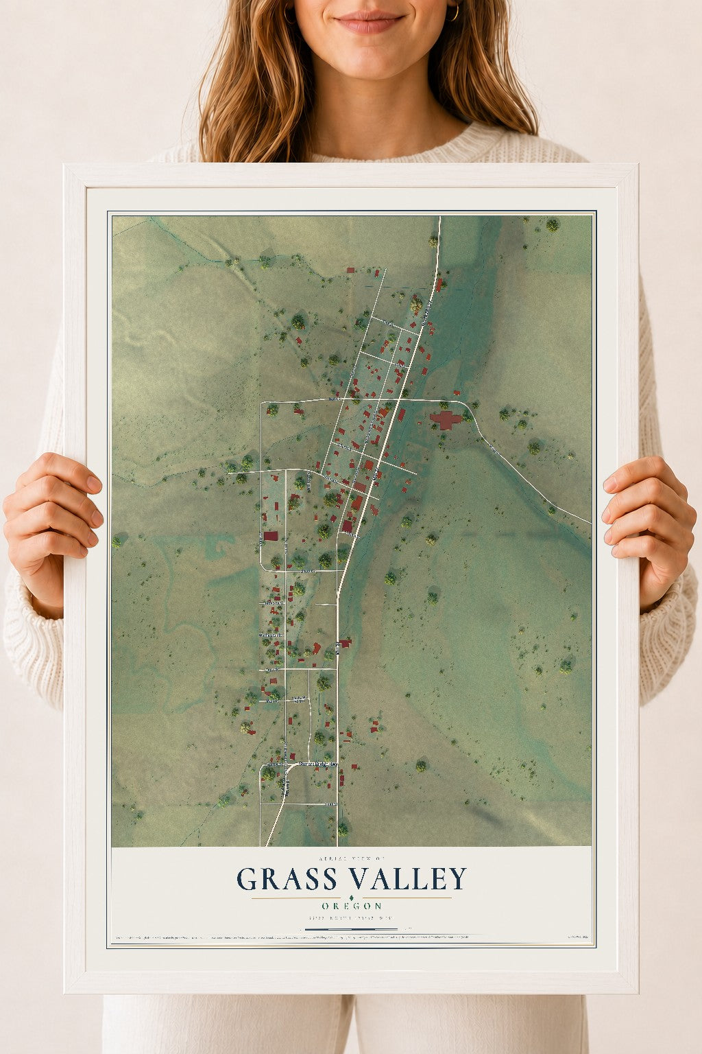 Map of Grass Valley, Oregon, 18 x 24 inch print in a white wood frame