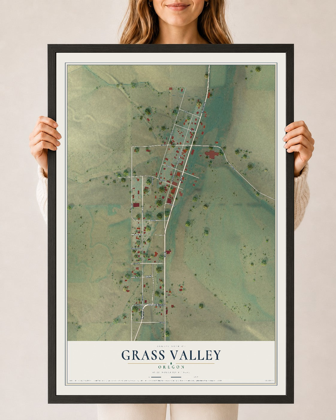 Map of Grass Valley, Oregon, 24 x 36 inch print in a black wood frame