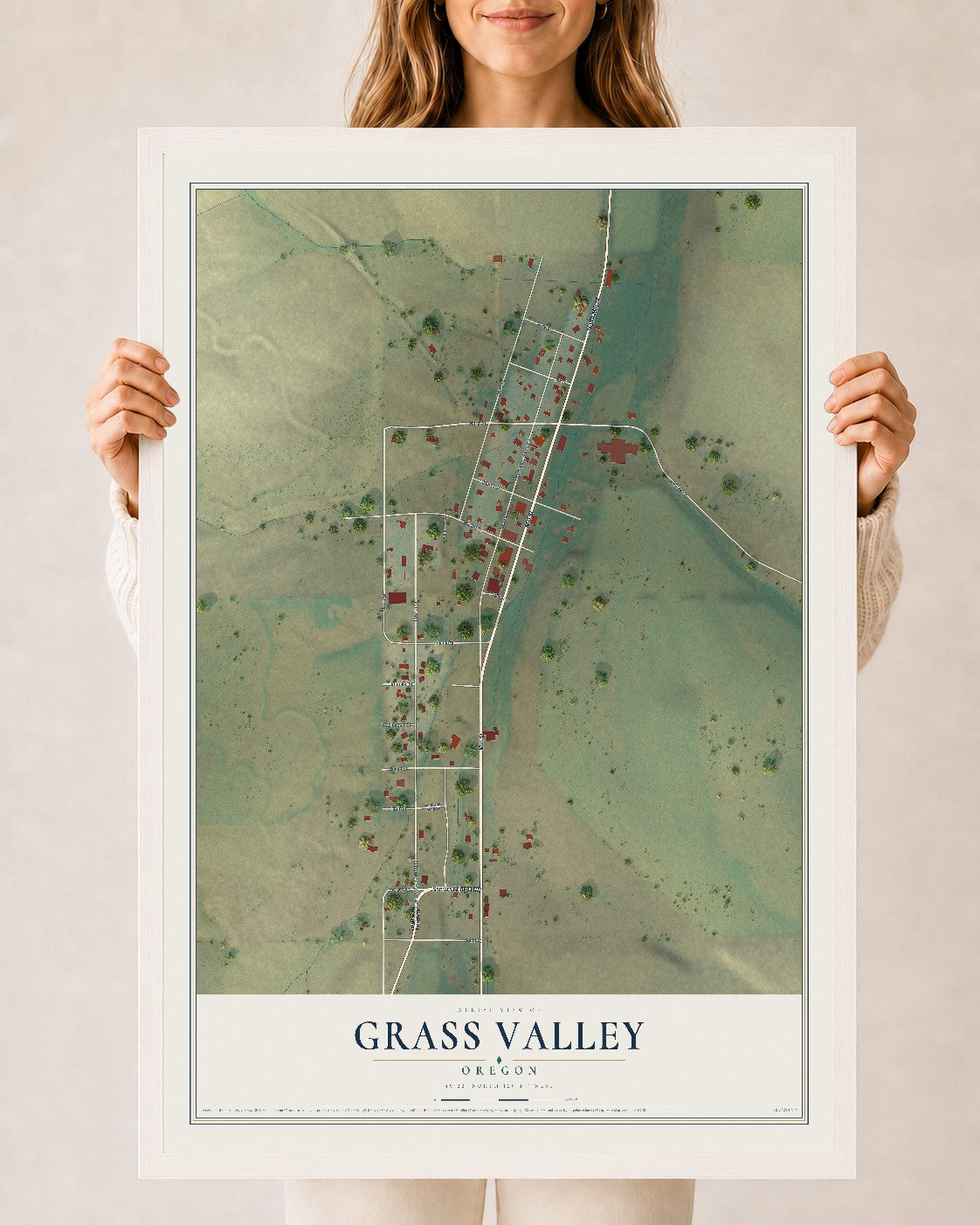 Map of Grass Valley, Oregon, 24 x 36 inch print in a white wood frame