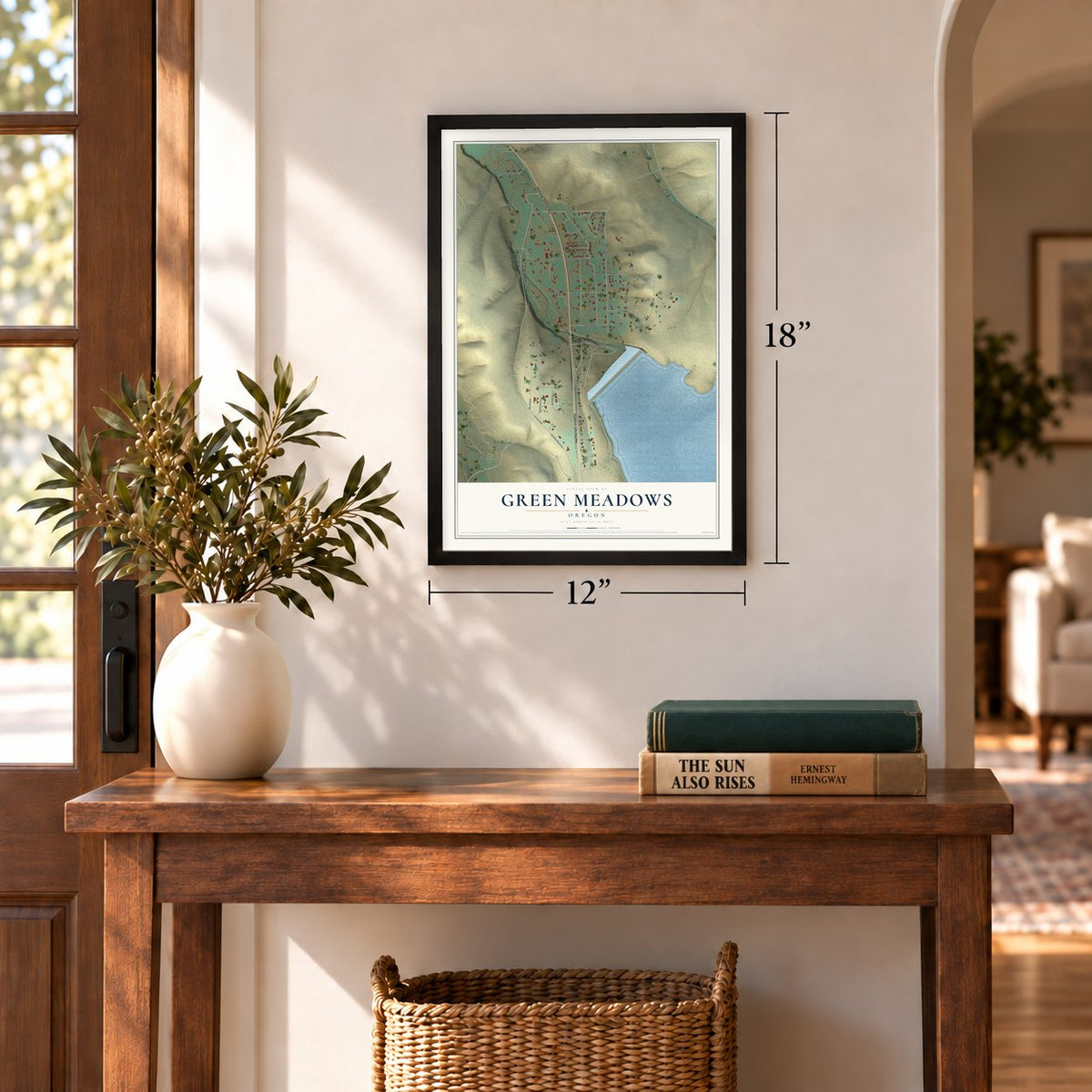 Green Meadows, Oregon map, 12 x 18 inch print in a black frame in an entryway