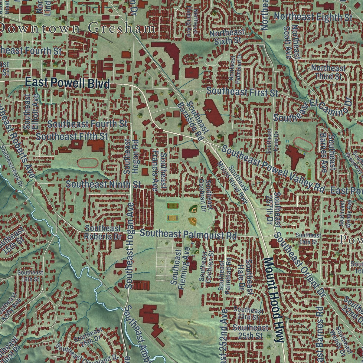 Close-up of the map of Gresham, Oregon print showing street and building detail