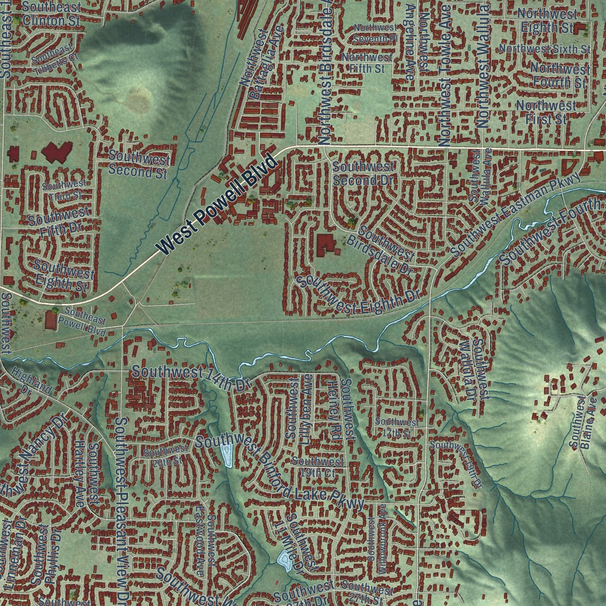 Second close-up of the map of Gresham, Oregon print showing more streets and buildings