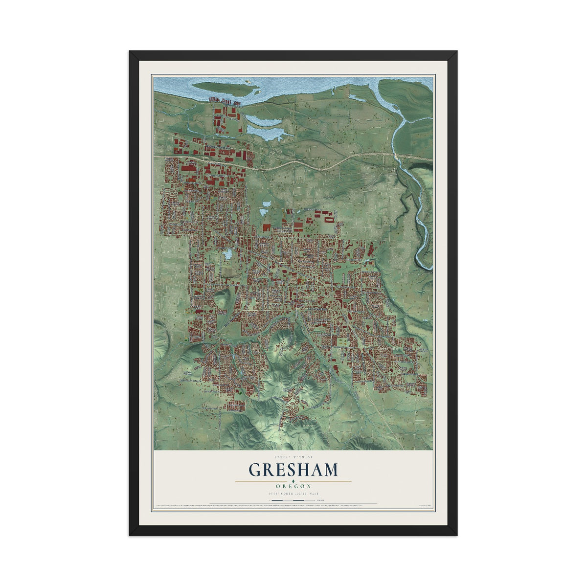 Map of Gresham, Oregon, 12 x 18 inch print in a black wood frame