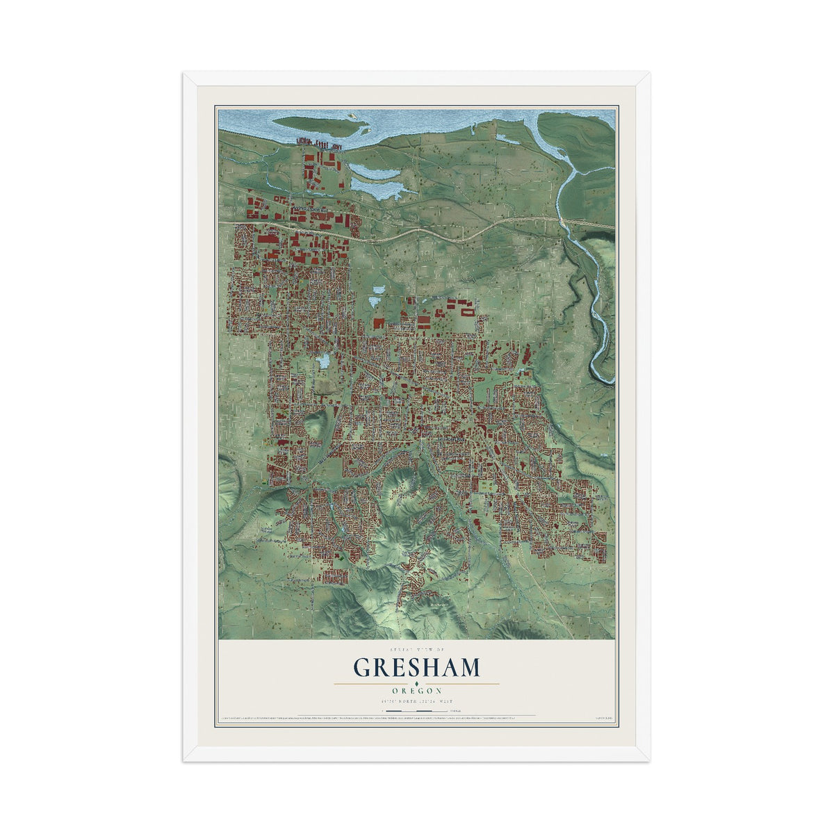 Map of Gresham, Oregon, 12 x 18 inch print in a white wood frame