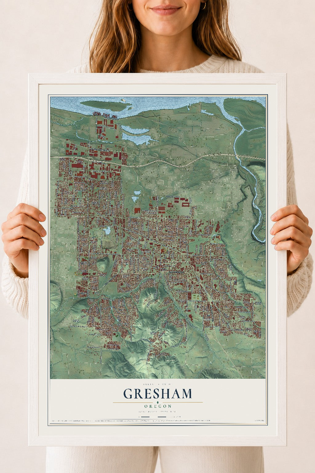 Map of Gresham, Oregon, 18 x 24 inch print in a white wood frame