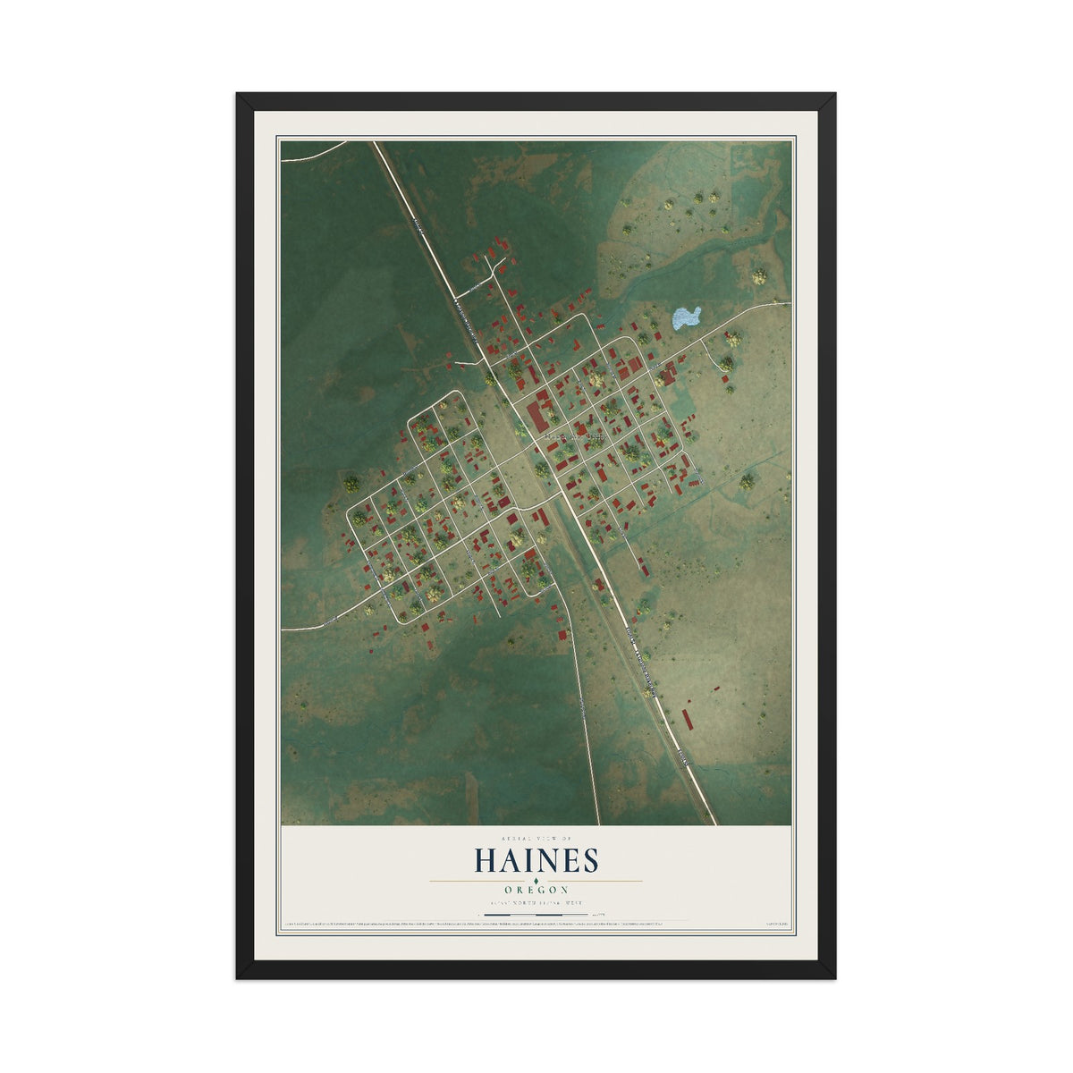 Map of Haines, Oregon, 12 x 18 inch print in a black wood frame
