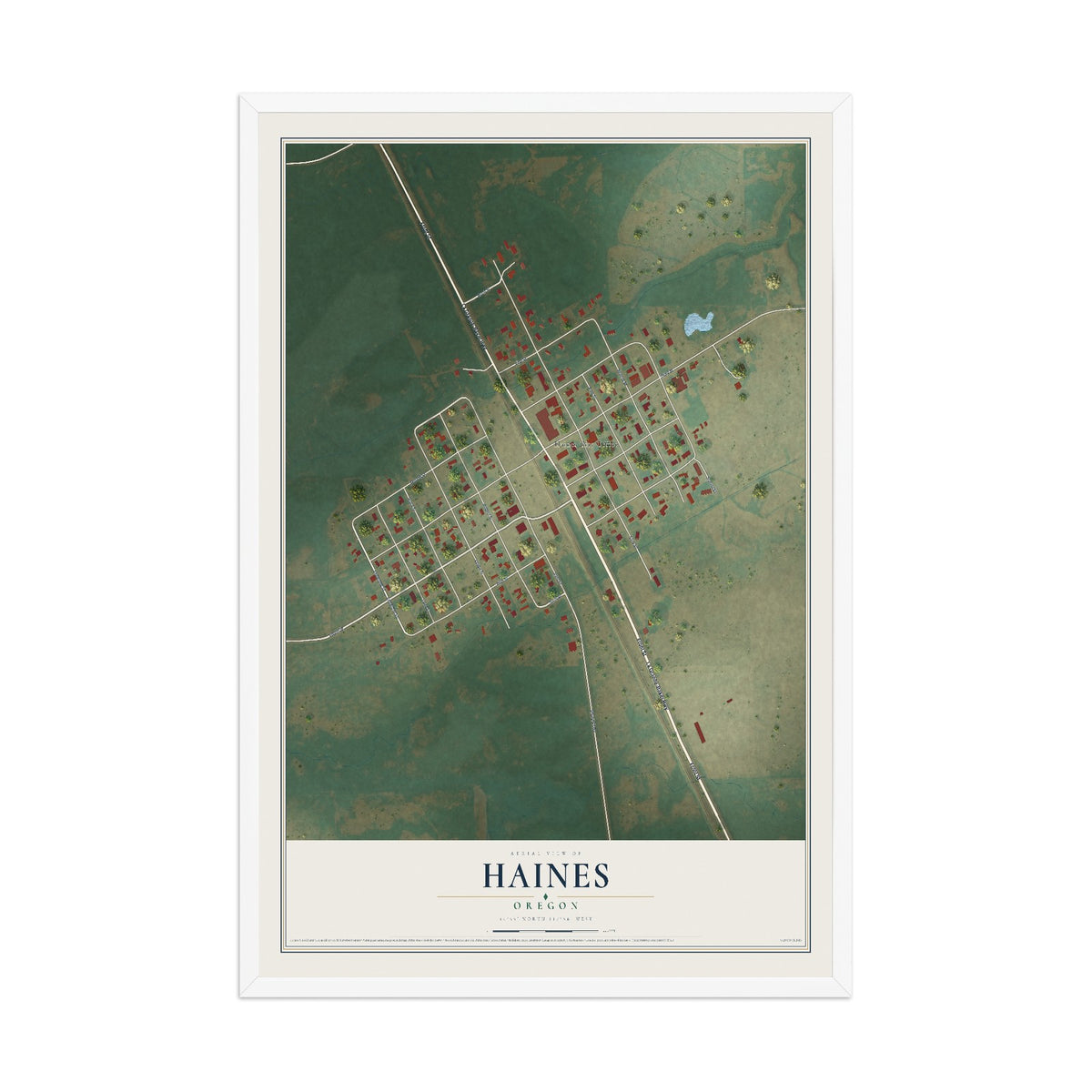 Map of Haines, Oregon, 12 x 18 inch print in a white wood frame