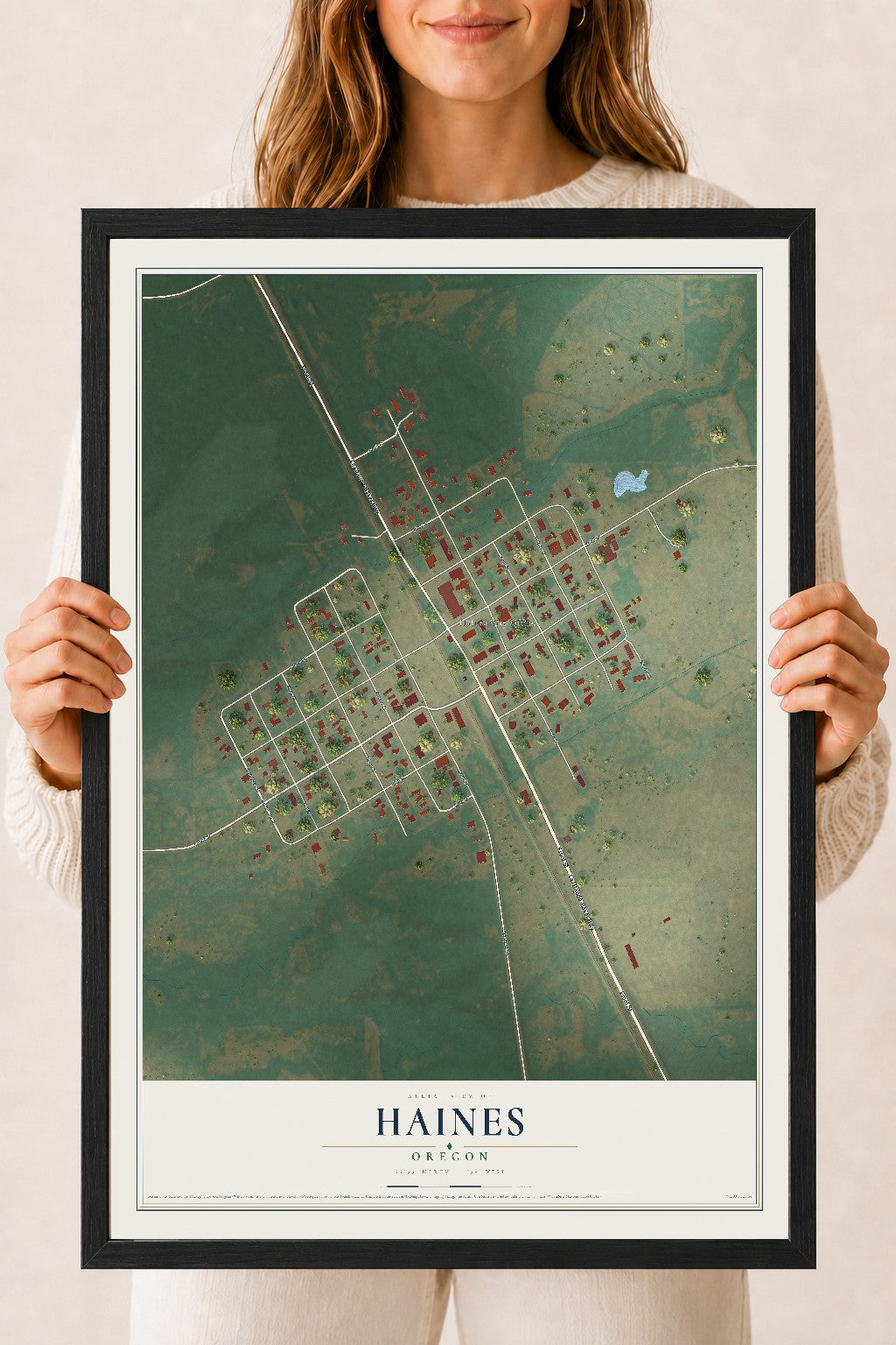 Map of Haines, Oregon, 18 x 24 inch print in a black wood frame
