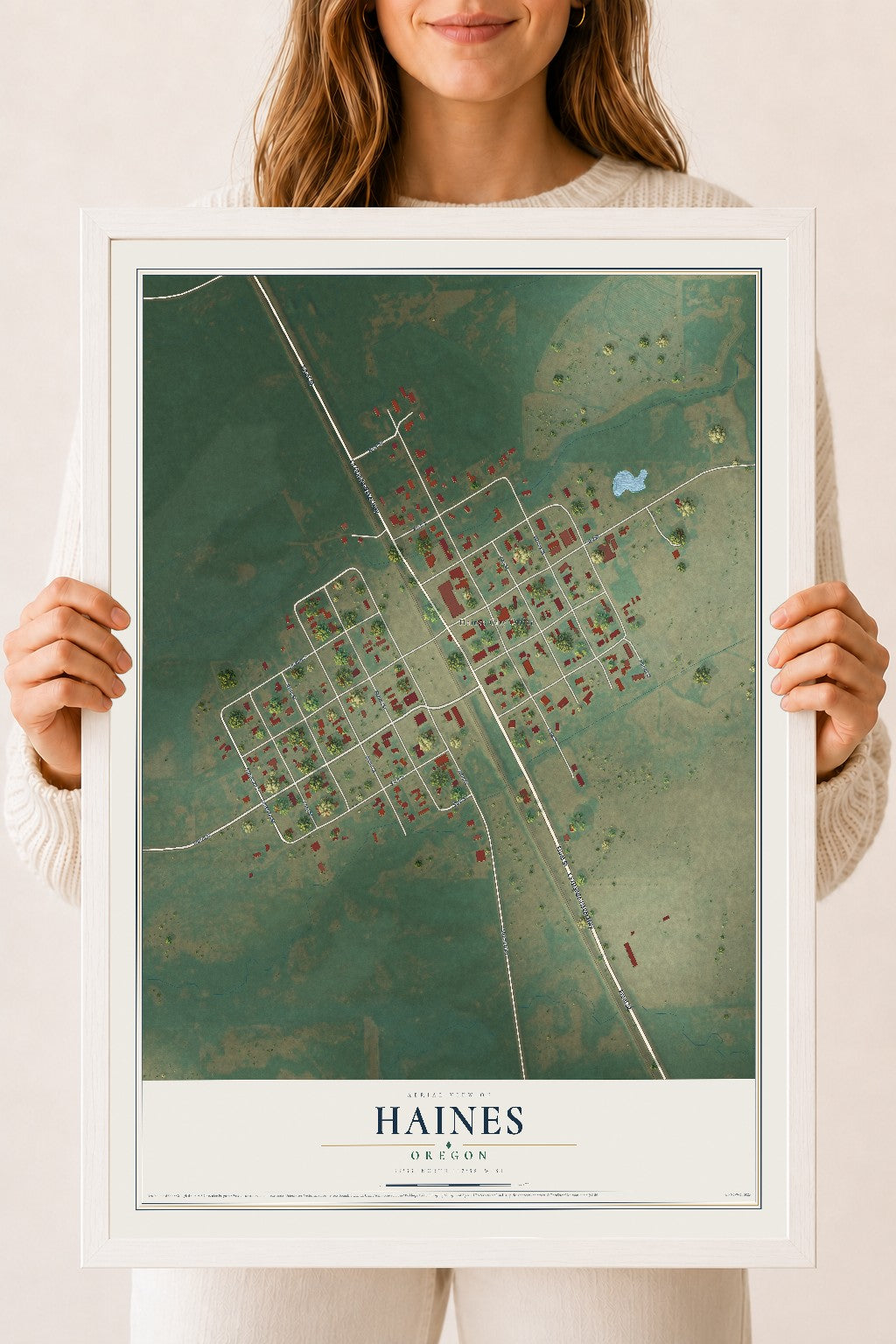 Map of Haines, Oregon, 18 x 24 inch print in a white wood frame
