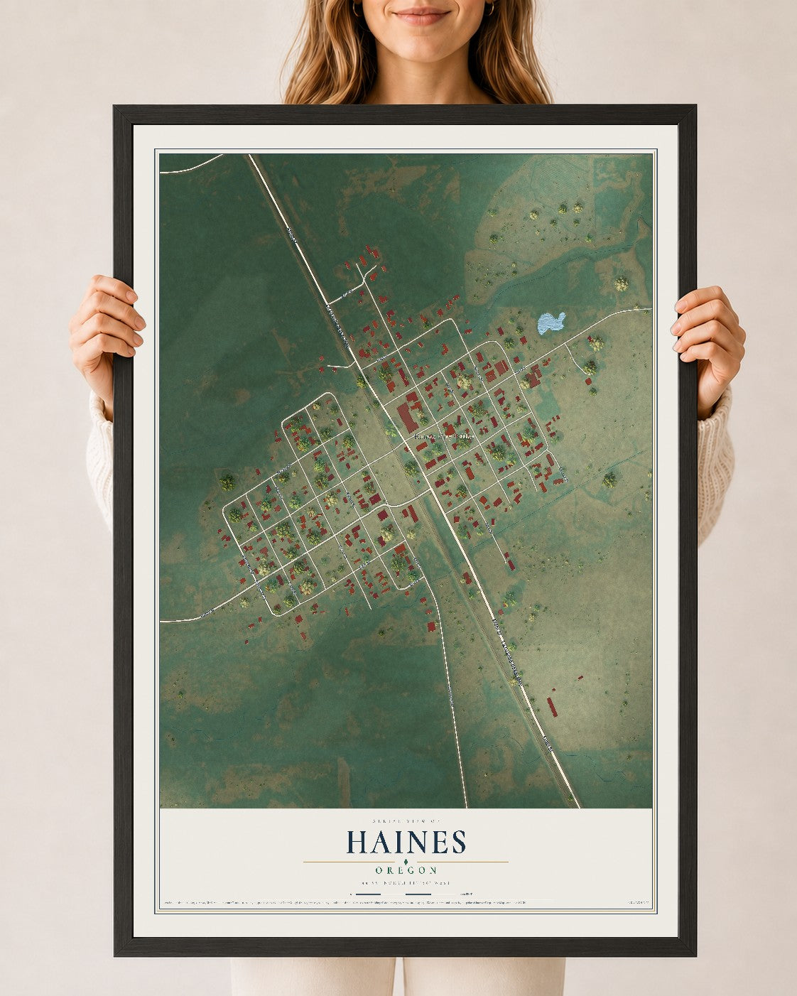 Map of Haines, Oregon, 24 x 36 inch print in a black wood frame