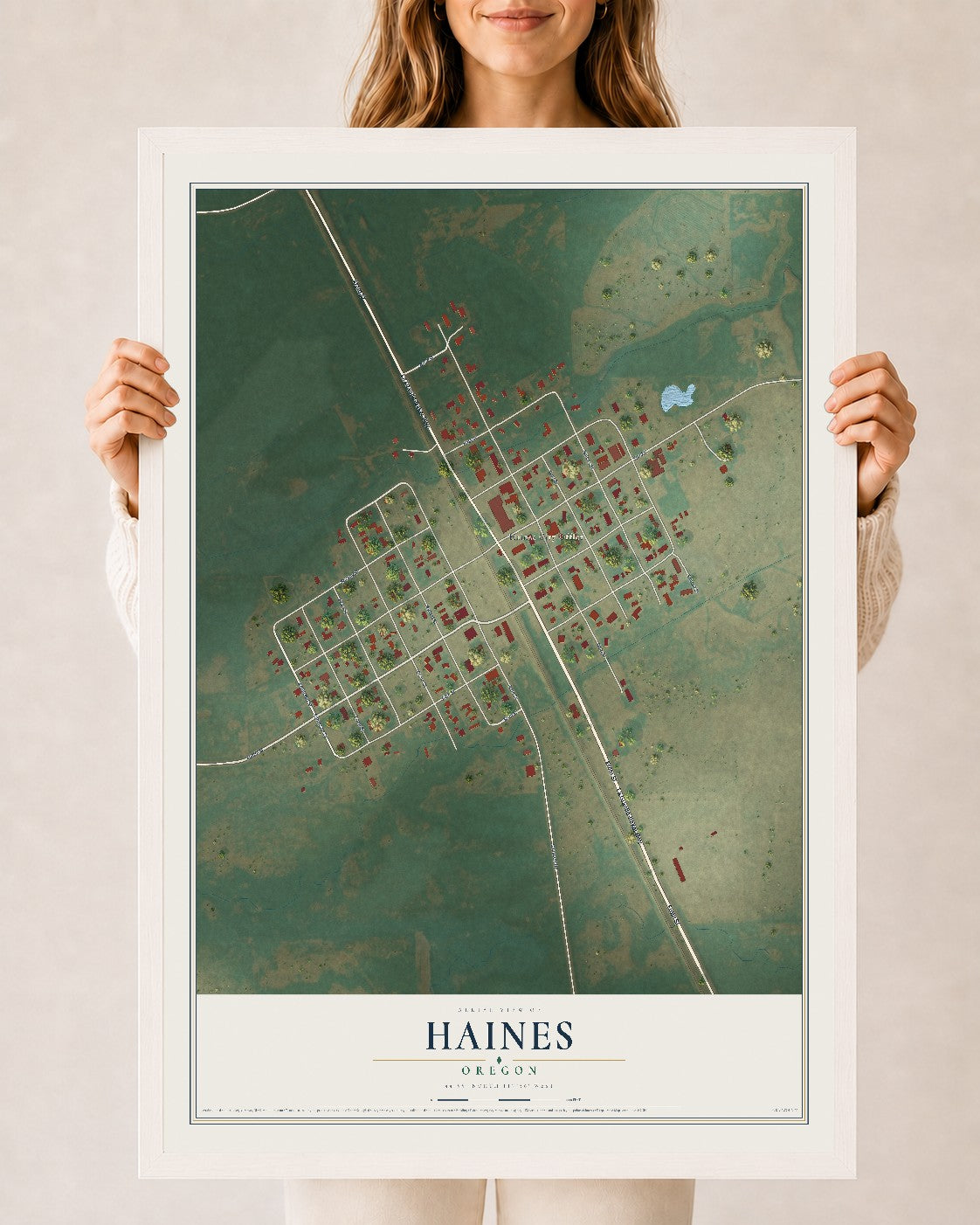 Map of Haines, Oregon, 24 x 36 inch print in a white wood frame