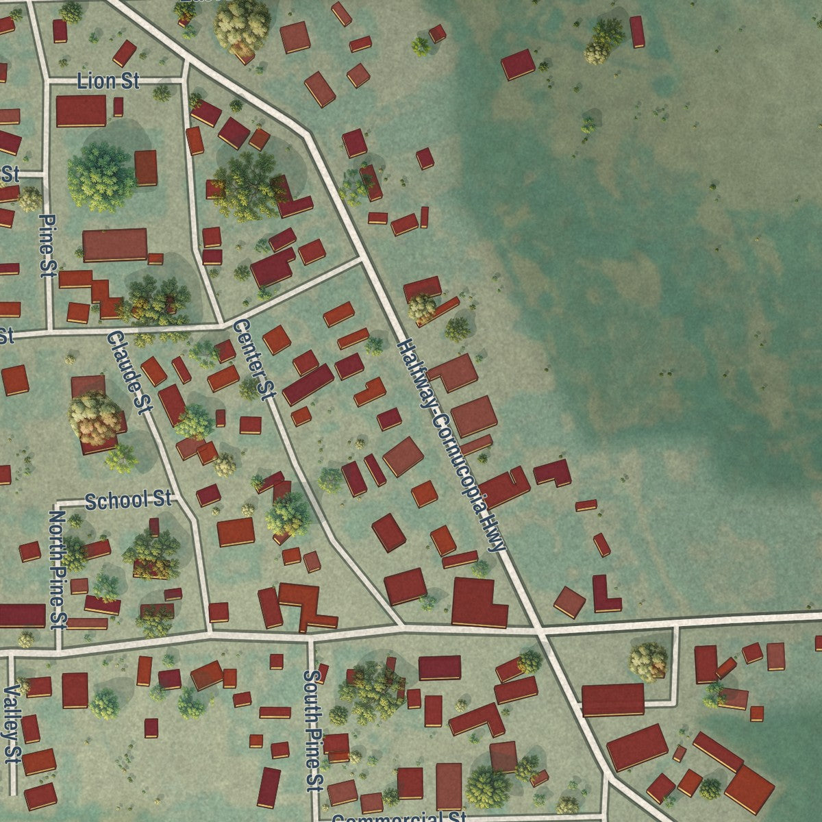 Close-up of the map of Halfway, Oregon print showing street and building detail